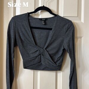 Forever 21 Charcoal Twist-Front Long Sleeve Crop Top